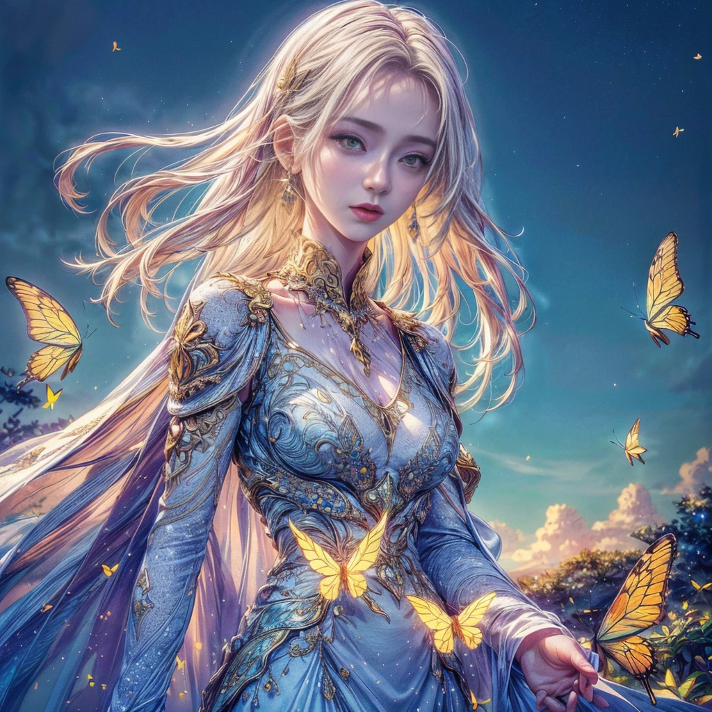 a beautiful girl with long white dress, long hair, yellow eyes, butterflies in the sky, crystal, glow filter, (best quality,4k,8k,highres,masterpiece:1.2),ultra-detailed,(realistic,photorealistic,photo-realistic:1.37),intricate details, cinematic lighting, ethereal, magical, fantasy, lush environment, serene, calming, tranquil