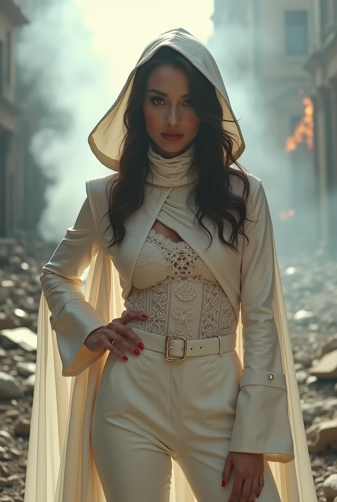 Masterpiece of cinematic lighting: a gorgeous 18-year-old adult woman, standing in a pinup pose with hand on hip, fully clothed in white elements - hood, cloak, scarf, top, and belt. Her brunette hair is styled seductively, framing her serious expression amidst the war-torn city's rubble and smoke. Distant gunfire crackles through the air as military presence looms, casting shadowy patterns on the broken buildings. White mist swirls around her, accentuating the texture of her outfit. She exudes a flirty smile, a hint of sassiness beneath her tough exterior.