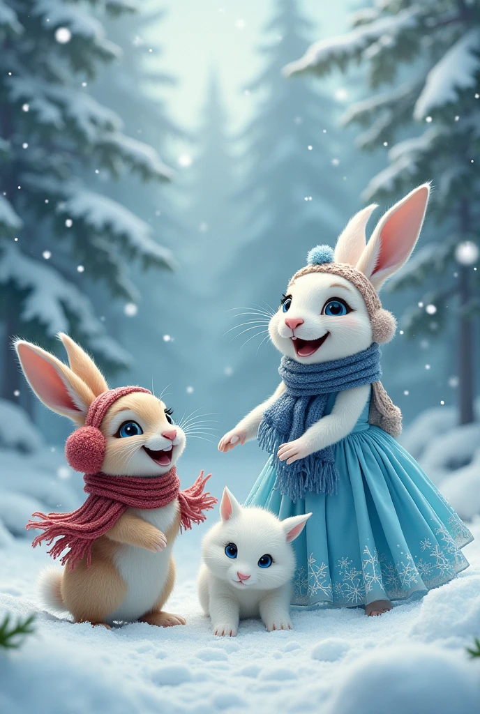CARICATURE of two rabbits wearing winter clothes alongside the winter princess rescuing a white wolf trapped in the snow amidst the storm
