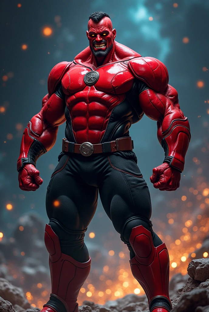 Male, wide shoulders, red skin, glowing eyes, shark-like teeth, steel jaw, red tech armor, black pants, lantern symbol, red boots and gloves, aura, space background