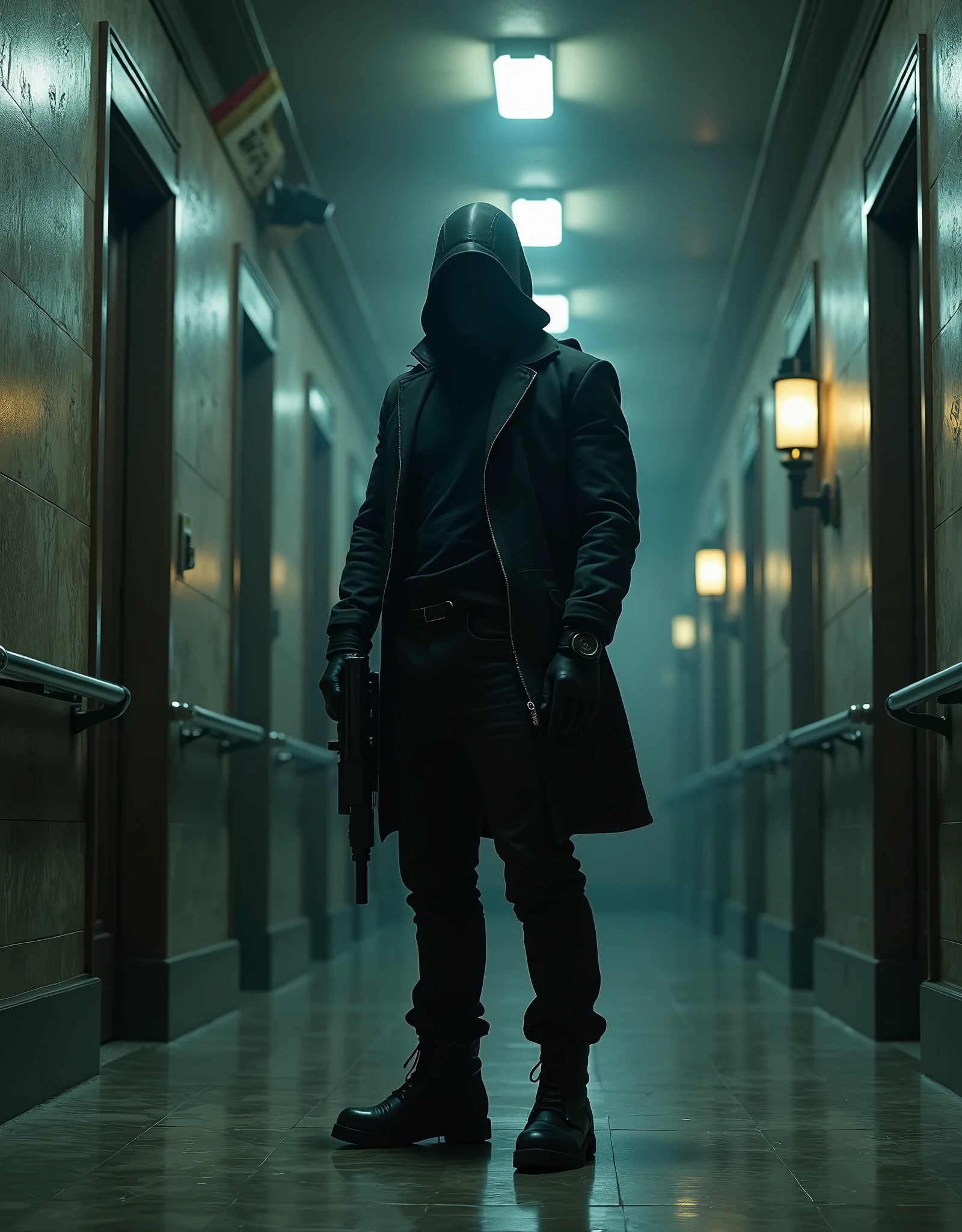 In the hallway there is a man in a mask and a gun, bank heist movie, stealth suit, 3 D rendered character art 8 K, cyberpunk street thug, bank robbery movie, avant-garde assassin, security agent, Jetstream Sam from Metal Gear Solid, bank robbery, Metal Gear solid style, badass anime 8 K, background of Resident Evil game, video game characters, money grab
