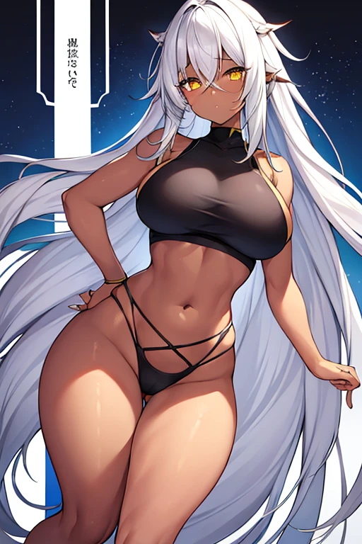 1girl, dark skin, dark-skinned female, white hair, long hair, yellow eyes, large breasts, wide hips, thick thighs, sportswear, shy, sports bra, hourglass figure, mature female, highleg, ((highleg)), bare legs, yellow trim, hair over eyes, long bangs, ((hair over eyes)), ((long bangs)), gold trim, timid, text, number, numbers,