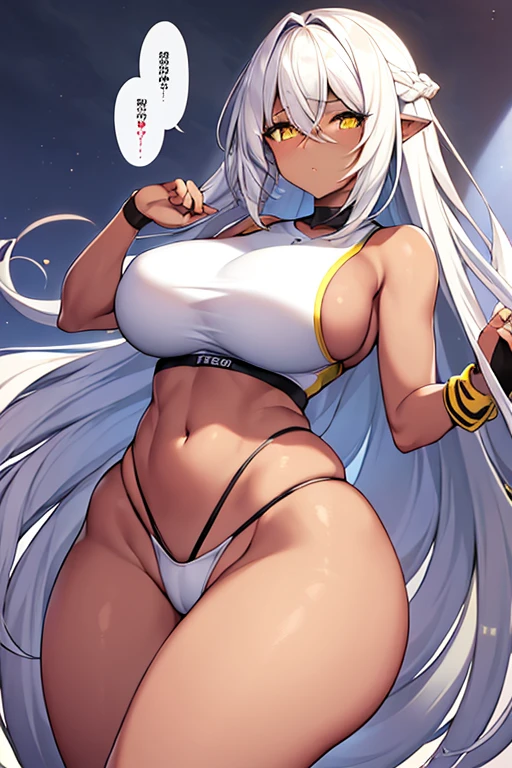 1girl, dark skin, dark-skinned female, white hair, long hair, yellow eyes, large breasts, wide hips, thick thighs, sportswear, shy, sports bra, hourglass figure, mature female, highleg, ((highleg)), bare legs, yellow trim, hair over eyes, long bangs, ((hair over eyes)), ((long bangs)), gold trim, timid, text, number, numbers,