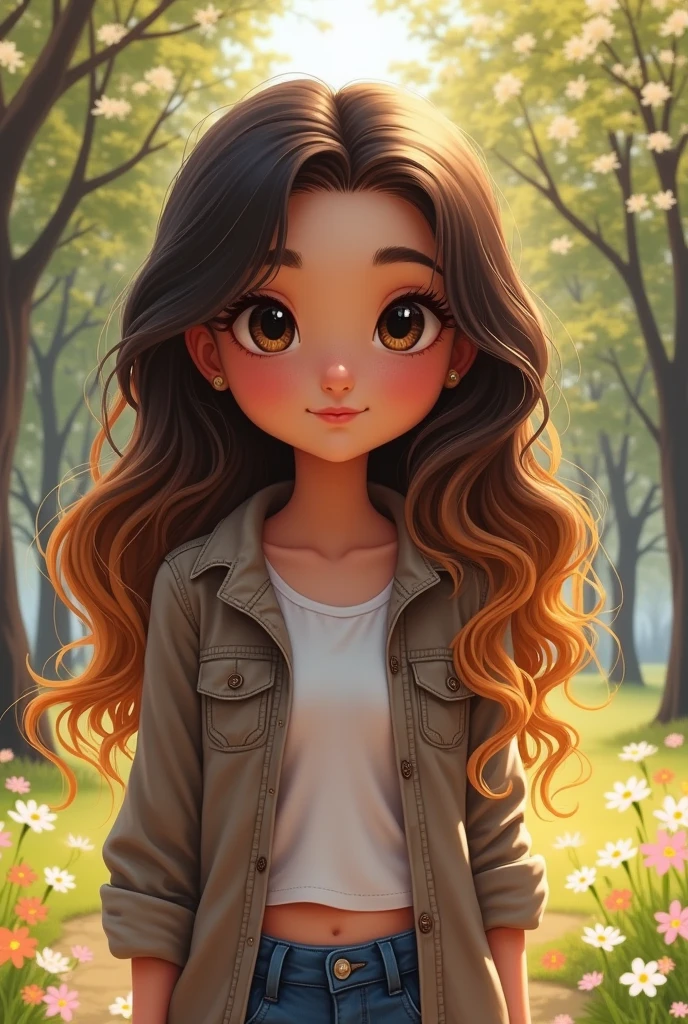 A young teenage girl with dark eyes and married, hair with 4 variations of brown , realistic black eyebrow