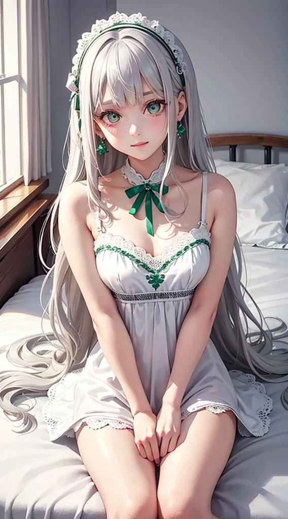 Character Details:, - Gender: 1 Girl.
- Style: Anime, - Body Type: Attractive body, nice body, nice legs, slim tights, nice arms, nice shoulders. - Breast: (Breast:1.2)- Facial Feature: Beautiful, Gorgeous, ager, Fresh, Young.
- Expression: Small smile, Confident Look, emerald green eyes. - Hairstyle: Blunt Bangs. - Hair Color: (White Grey Hair:1.5), (Straight and Wavy Long Hair:1.3),
- Clothing: (Girly Baby Doll, Open Sleeves, Can see shoulder:1.6, Laced Stocking.). - Body Pose: (Sitting on bed:1.3), (Hands down).. - Behaviour: Waiting, Want Something, Secretly.
- Accessories: Earrings, thin Black Headband, Green Hair Accessories, Environmental Details:, - Setting: Bed Room., - Lighting: Natural Light., - Decoration: Modern Bed, Chair, Window, White Curtain, City View. Top view. pov, anime style, UHD, retina, masterpiece, accurate, anatomically correct, textured skin. One Hand on cheek, one hand down.