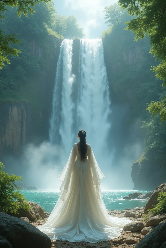 arafed woman in a white dress standing in front of a waterfall, a detailed matte painting inspired by Lan Ying, cgsociety contest winner, fantasy art, cinematic goddess shot, still from a fantasy movie, cinematic. by leng jun, a beautiful fantasy empress, cinematic goddess close shot, wearing flowing robes, cinematic goddess body shot, elegant cinematic fantasy art