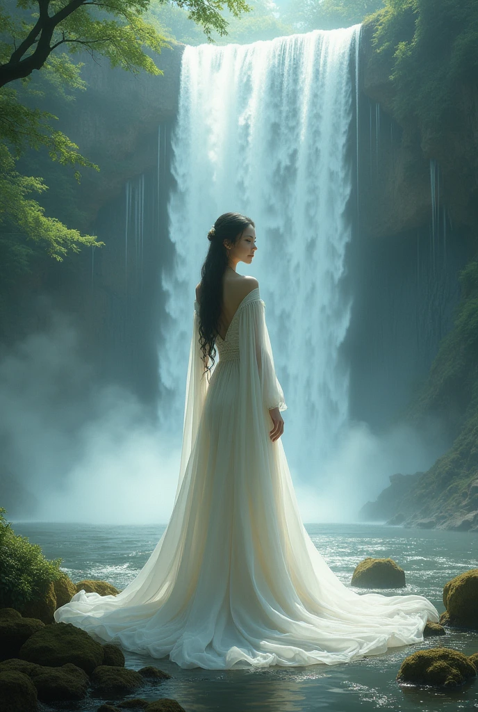 arafed woman in a white dress standing in front of a waterfall, a detailed matte painting inspired by Lan Ying, cgsociety contest winner, fantasy art, cinematic goddess shot, still from a fantasy movie, cinematic. by leng jun, a beautiful fantasy empress, cinematic goddess close shot, wearing flowing robes, cinematic goddess body shot, elegant cinematic fantasy art
