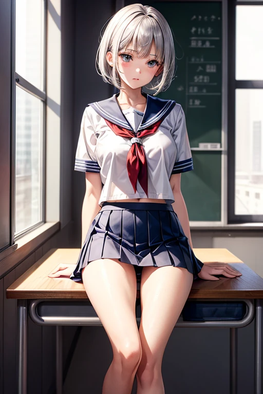 high quality,tall,short silver hair. Beautiful Faces. long-legged high school girl. short sailor uniform with a lot of skin exposure, Short skirt,Underwear is visible. Bare-chested. School classroom. Sitting at a desk、Her legs are slightly apart. She is lifting her skirt with her hands to show her underwear. 
slightly covetous expression. Erotic. R-18.