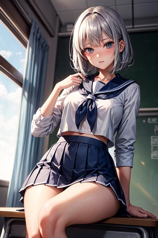 high quality,tall,short silver hair. Beautiful Faces. long-legged high school girl. short sailor uniform with a lot of skin exposure, Short skirt,Underwear is visible. Bare-chested. School classroom. Sitting at a desk、Her legs are slightly apart. She is lifting her skirt with her hands to show her underwear.
slightly covetous expression. Erotic. R-18.