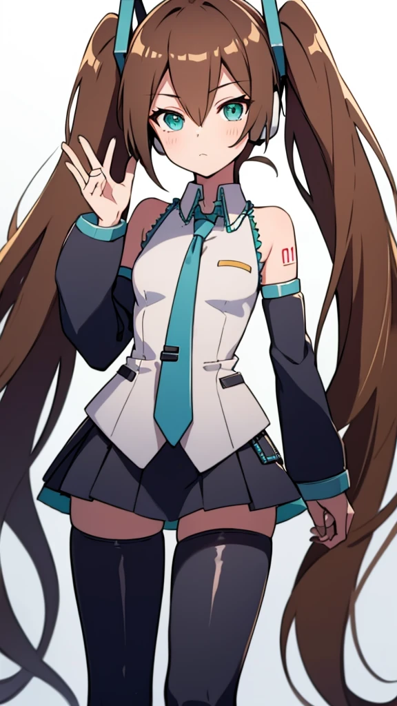 Aile_Megmanzx , 1girl, Simple background, Long hair, Green eyes, Brown hair, Hatsune Miku Cosplay