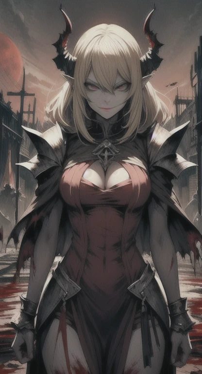 Ancient era, armored, blonde, red eyes, dark Lord Hylia , blood everywhere, bloodmoon princess drenched in blood, looking at viewer psychotically, creepy smirk, Sharp claws, covered in blood, Side view, destroyed village, cursed Triforce, fortress ruins,