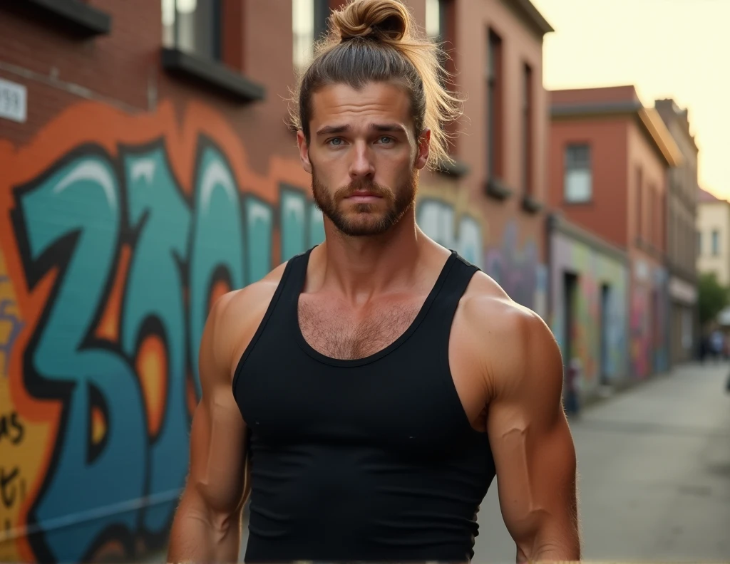 white male, with long hair tied up, with crossed arms and a tank top