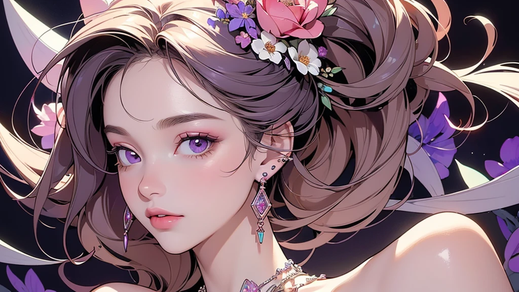 32K, 最高quality, 最高masterpiece, (ultra-Detailed Background, Detailed Background), High resolution, Super detailed, Very detailedな, 1 personの, (bouquet:1.3), (Tangled:1.2), (Geometric:1.2),(colorful),(masterpiece, quality, best quality, Official Art, Beautiful and beautiful:1.2), (1 person:1.3), Very detailed,(colorful:1.1)(Flowers:1.3),Most detailed,(Tangled:1.2), whole body, (Abstract background:1.3), (Skin glows), (Many colors:1.4), ,(Earrings Jewelry:1.5), Pale purple background, It's imaginative., Chestnut Hair, Updo,