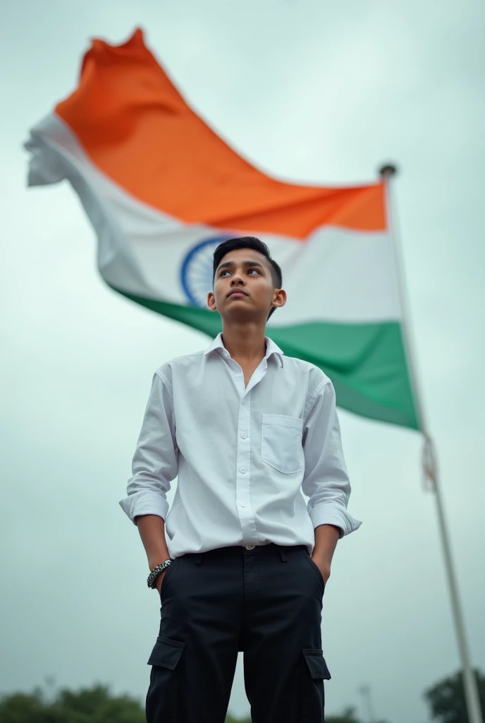 A -18 yeboy standing under India's flag
Looking at the flag
White shirt,black cargo pant 
Freanch crop hair cloudy weather 