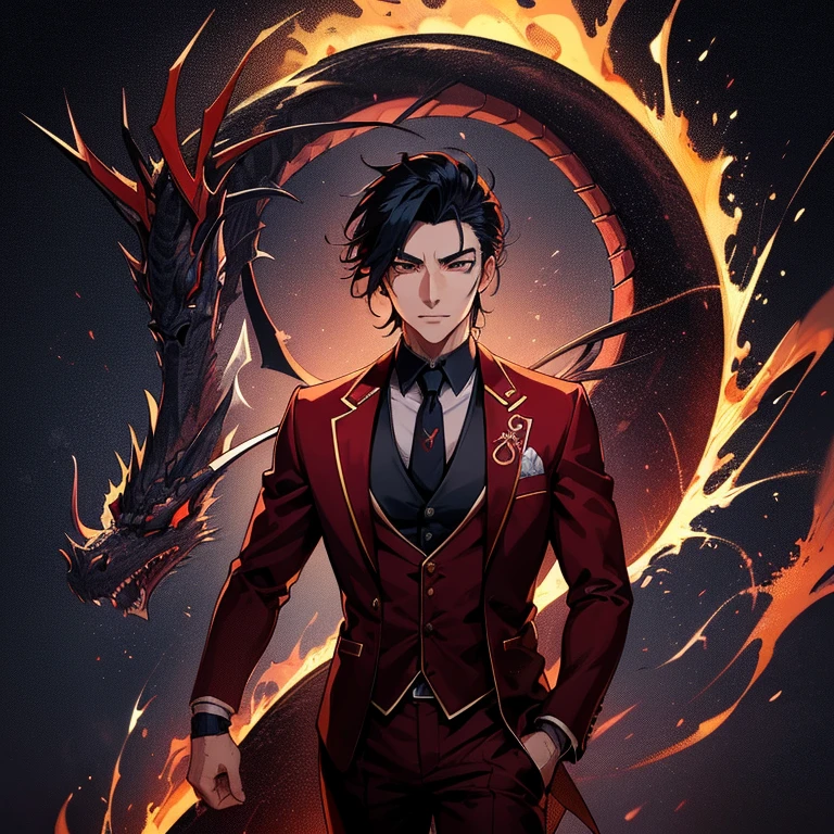 anime man in a suit and tie with a dragon in the background, dragon - inspired suit, by Yang J, human and dragon fusion, handsome japanese demon boy, handsome guy in demon slayer art, epic and classy portrait, trendin on artstation, by Oliver Sin, crimson attire, black and red suit, highly detailed exquisite fanart, handsome male vampire