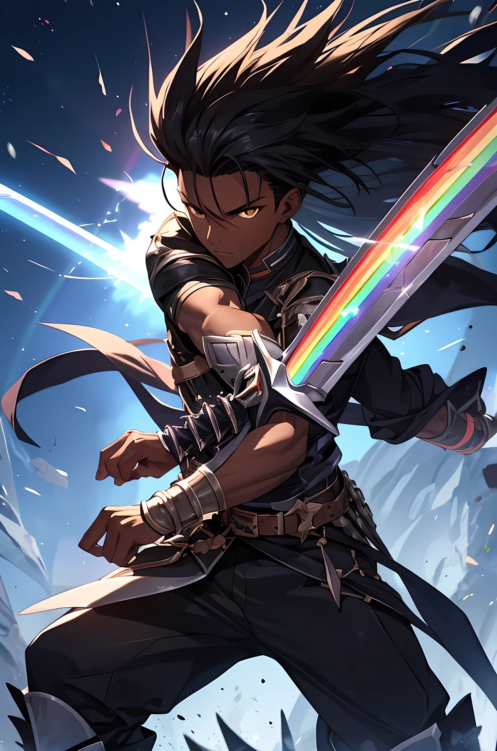 African American male, dark skinned male, long spiky hair, battle outfit, rainbow sword