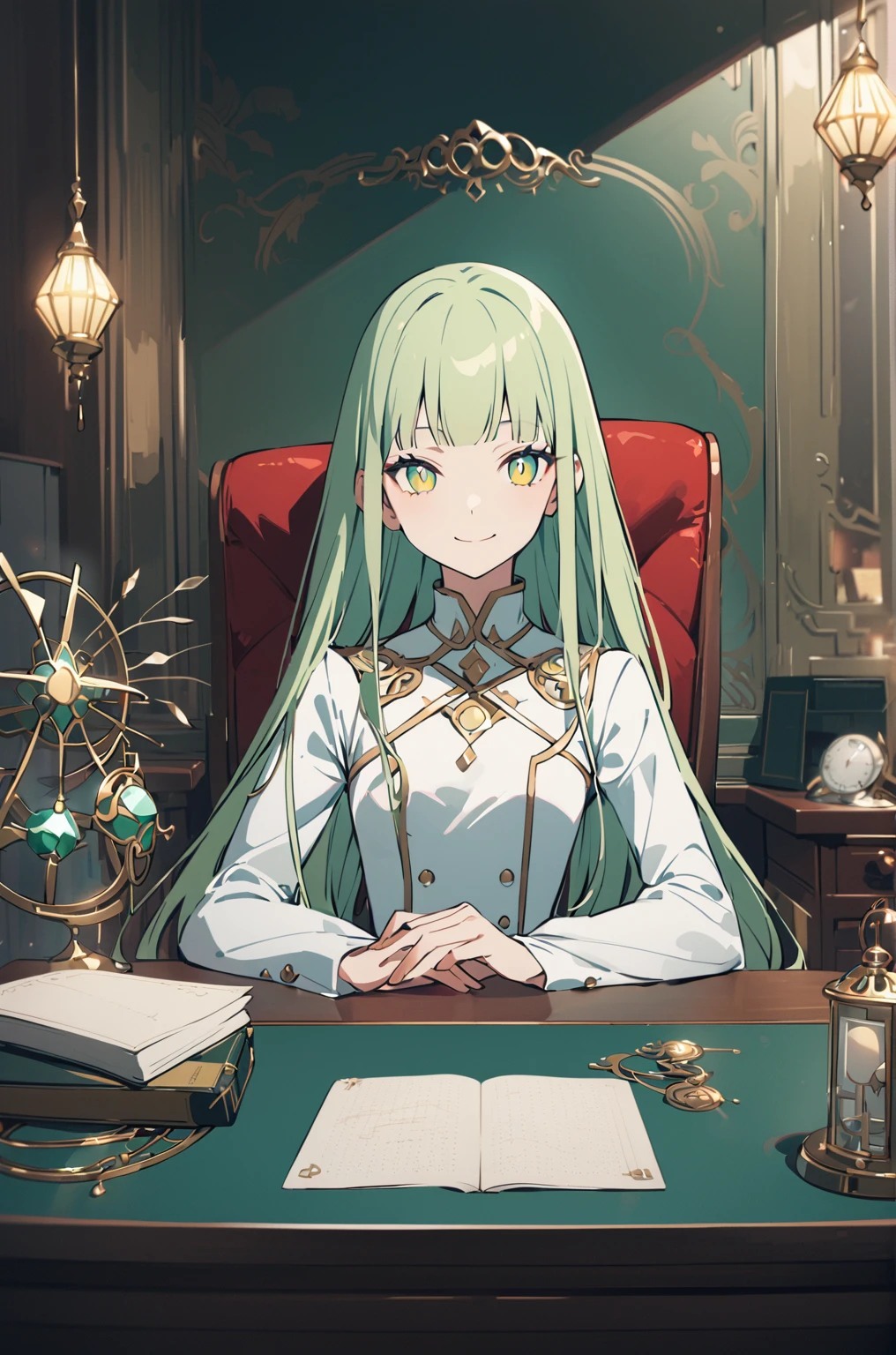 room background, whole body, slender, thin legs, Greenish-yellow hair，Yellow-green pupils，White clothes with green and yellow are embellished with gold and silver ornaments，She is a natural cute girl,((smile)),white thighhigh boots,upper body, long hair, white clergy costume,((zero two)),((in the room)),desk,