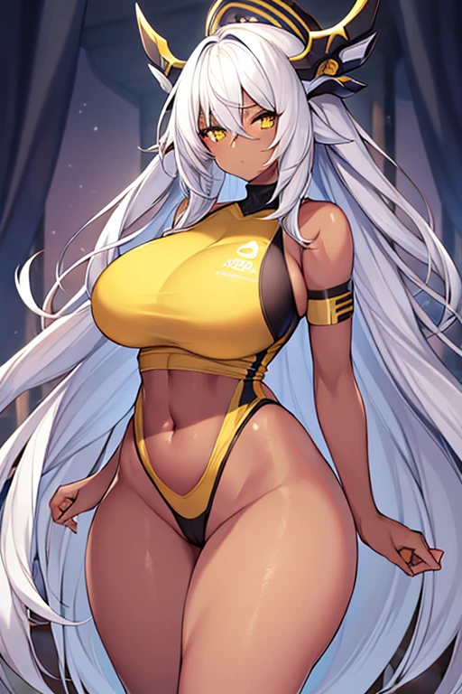 1girl, dark skin, dark-skinned female, white hair, long hair, yellow eyes, large breasts, wide hips, thick thighs, sportswear, shy, sports bra, hourglass figure, mature female, highleg, ((highleg)), bare legs, yellow trim, hair over eyes, long bangs, ((hair over eyes)), ((long bangs)), gold trim, timid, text, number, numbers,