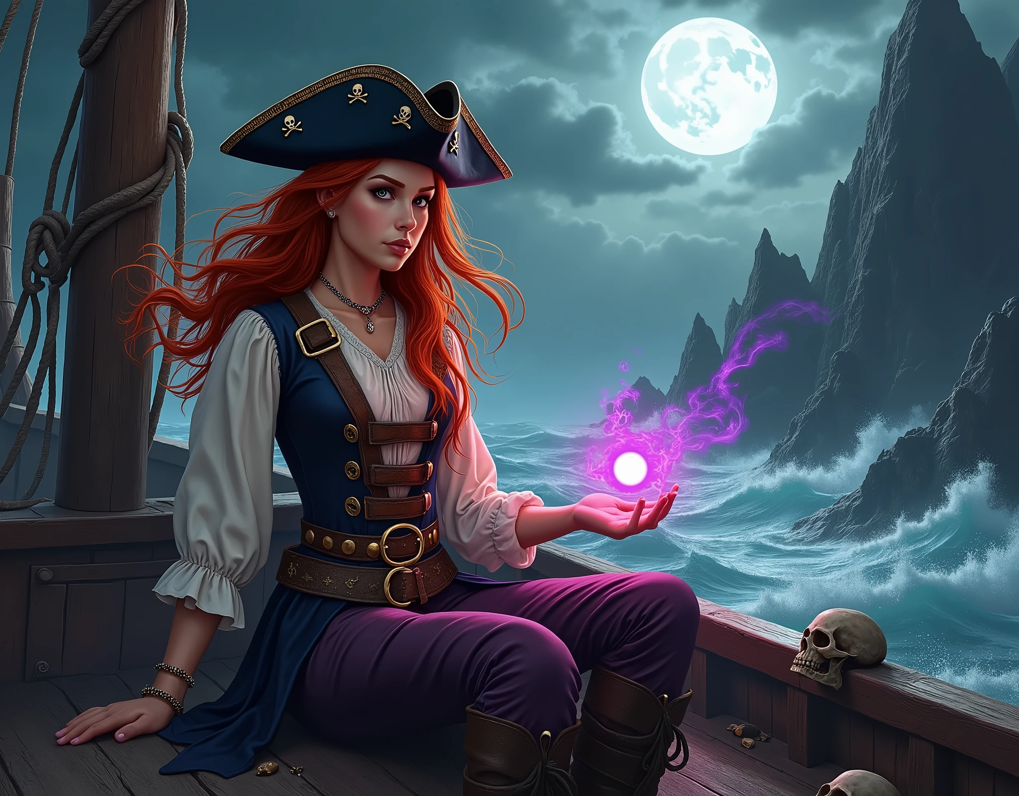A young female pirate with flowing red hair, wearing a traditional pirate hat adorned with skulls and crossbones. She has a determined expression, sitting confidently aboard an old, weathered pirate ship. The scene is filled with eerie details like skulls and bones, enhancing the dark, mysterious atmosphere. She is dressed in a detailed pirate outfit with leather straps, buckles, and a white ruffled shirt. Her piercing eyes reflect her fierce and adventurous spirit. The background shows the intricate ropes and sails of the pirate ship, with a misty, stormy sky adding to the ominous mood.Depict a powerful dark sorcerer standing in a dramatic pose under a moonlit sky. The sorcerer is dressed in flowing, deep purple robes adorned with intricate golden symbols. He has large, bat-like wings and a menacing expression, with glowing eyes that convey immense power. His hands are engulfed in fiery orange flames, and he is conjuring a mystical, glowing purple orb between them. The background features a dark, eerie landscape with towering, jagged mountains and swirling mystical energies, creating an ominous and otherworldly atmosphere. The overall scene should exude dark magic, power, and mystique.