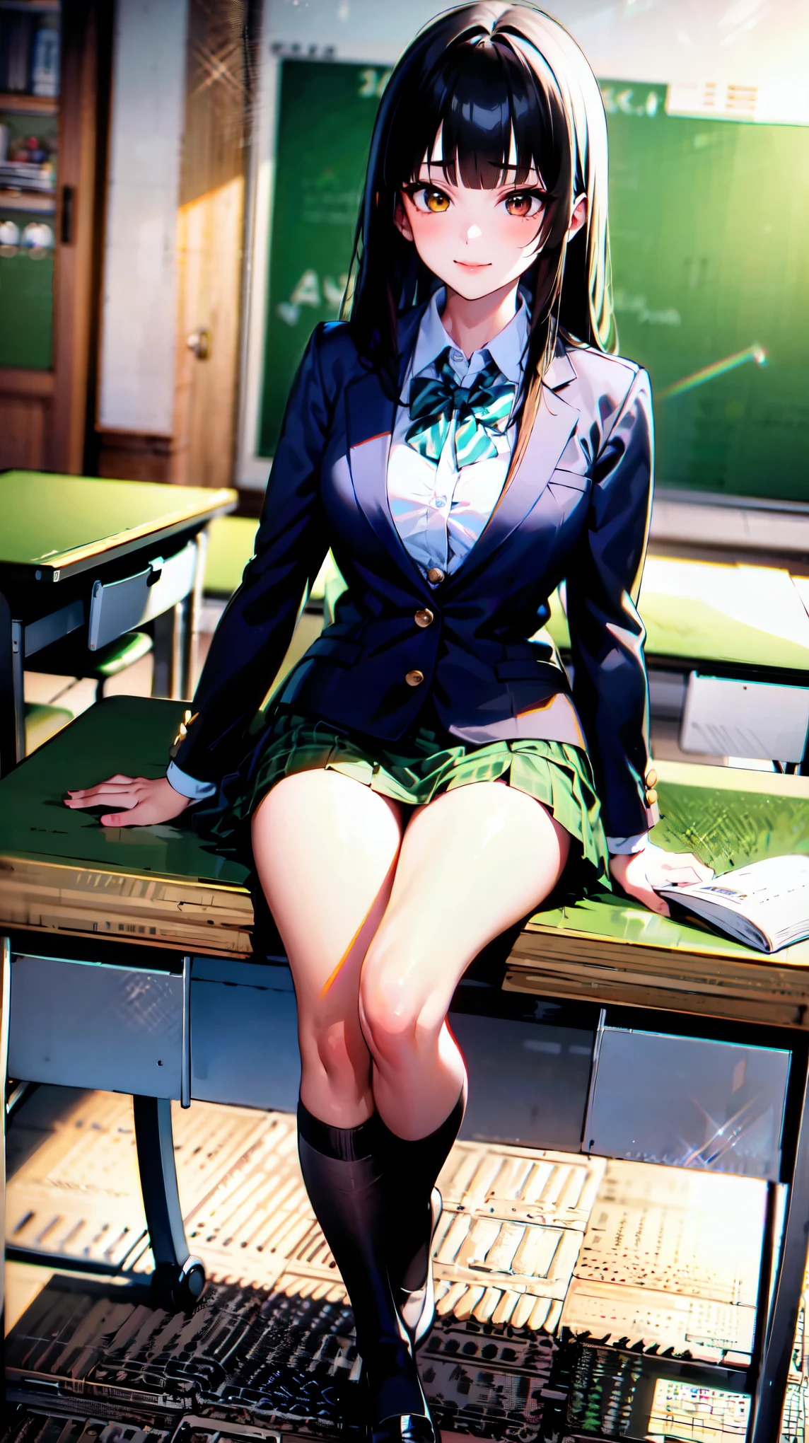 （（super high quality,Ultra-high resolution,4K,8k,super masterpiece,Ultra HD ,Detailed shading））,Full body photo,Morning Classroom,One high school girl,Blue-green blazer,White dress shirt unbuttoned to the second button,A bright yellow striped bow tie,Brown plaid mini skirt,Black tights,Long black straight hair,Sweep the bangs heavily to the left,Orange and green heterochromia,Sharp eyes with raised,smile,blush,Sit on a desk,