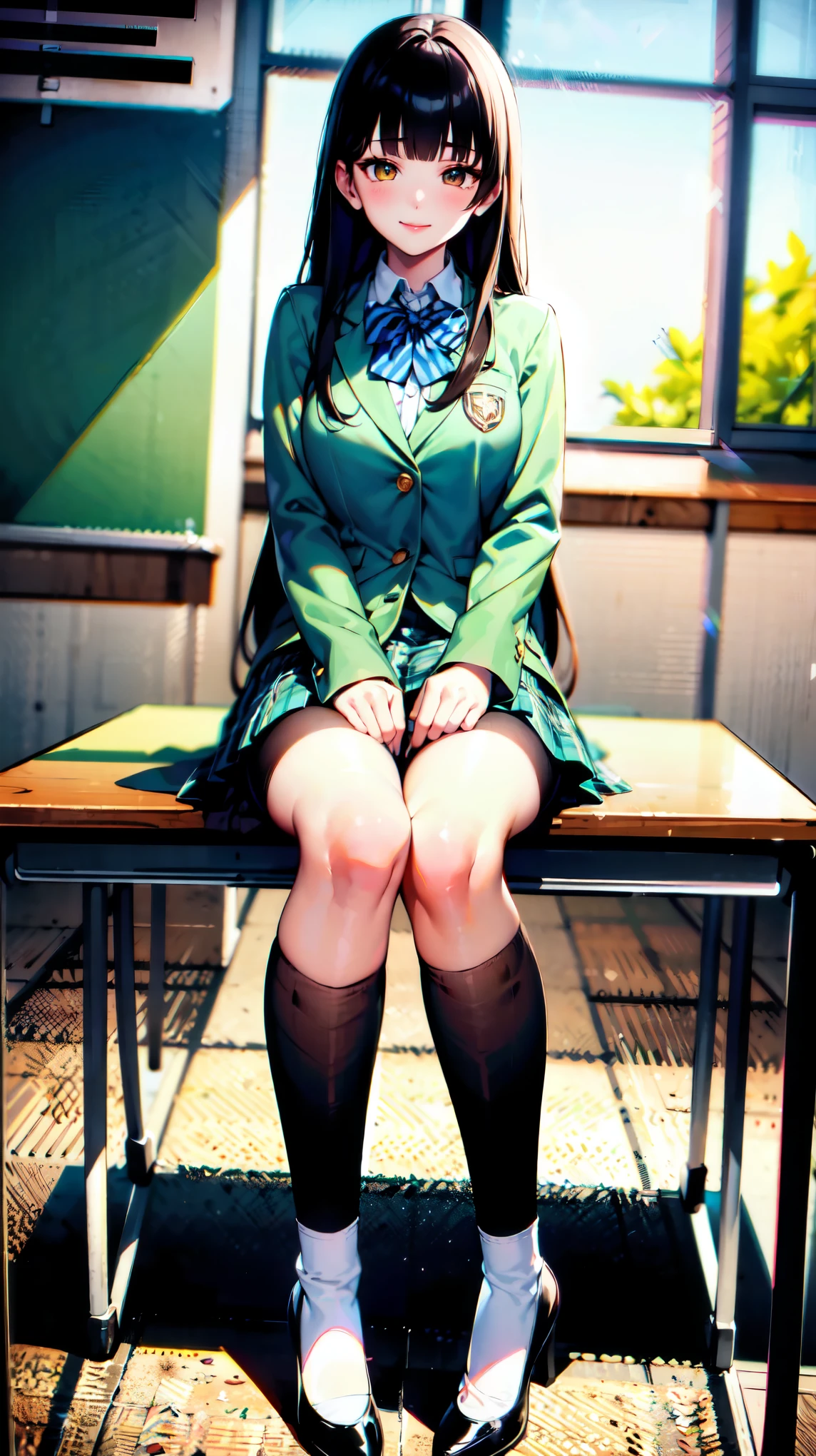 （（super high quality,Ultra-high resolution,4K,8k,super masterpiece,Ultra HD ,Detailed shading））,Full body photo,Morning Classroom,One high school girl,Blue-green blazer,White dress shirt unbuttoned to the second button,A bright yellow striped bow tie,Brown plaid mini skirt,Black tights,Long black straight hair,Sweep the bangs heavily to the left,Orange and green heterochromia,Sharp eyes with raised,smile,blush,Sit on a desk,