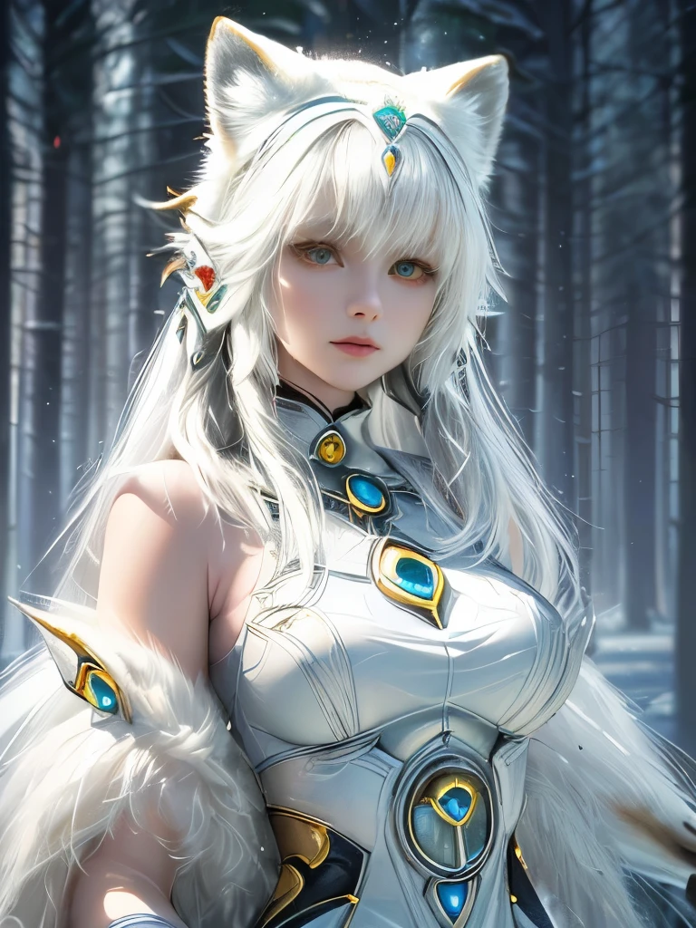 (((Solo Exhibitions)), White and gold outfit, Lots of decorated costumes, (whole body) To depict the most beautiful works of art in detail, Delicate depiction,Intricate details, Attention to detail, Ultra Realistic, Hidden Armor,  figure, リアルなAnthropomorphic Art, (Anthropomorphic Art!!!, (((Female Human Arctic Fox Priest)), forest, very, very beautiful human art, Realistic, 8k wallpaper: 1.5, No human hair, mysterious, 