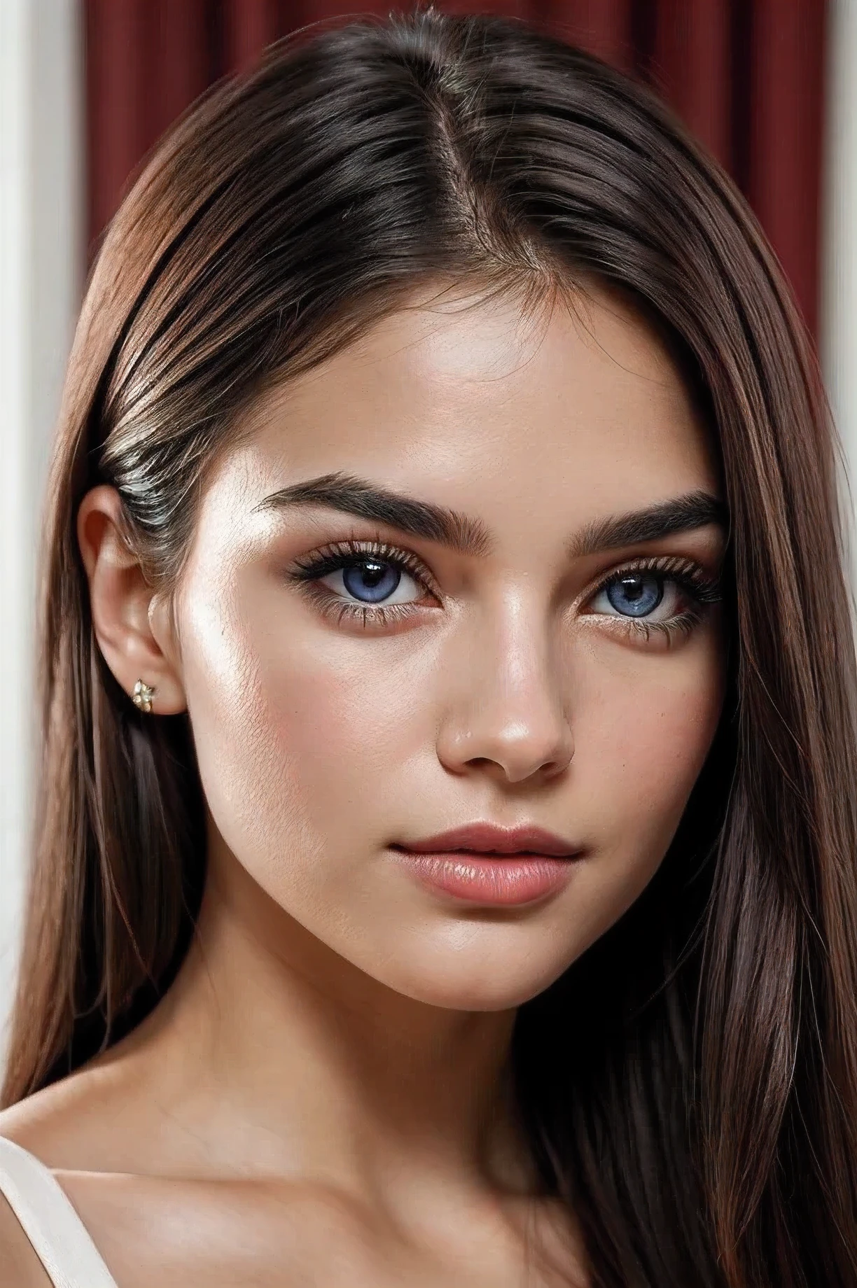 Create a close-up portrait of a woman with a warm and approachable expression. Her hair is light brown, straight, and silky, falling just below her shoulders. She has bright, piercing blue eyes that contrast beautifully with her smooth, fair skin. Her lips are fuller, with a rich, deep red color that adds a striking contrast to her face. Her eyebrows are slightly thinner, with a soft arch that frames her eyes delicately. The background is a simple, softly blurred neutral color, with soft, even lighting that accentuates her facial features without creating strong shadows. The overall mood should be calm and inviting