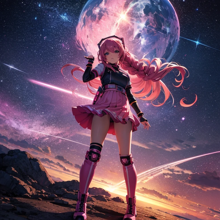 high resolution, best quality, masterpiece, very high image quality, ultra-detailed, hyperrealistic, 3d, anime, illustrations, fantasy, hard rock girl, very beautiful cute, pink wavy hair, side braid, miniskirt, knee high socks, engineer boots, background cyber punk city galaxy  