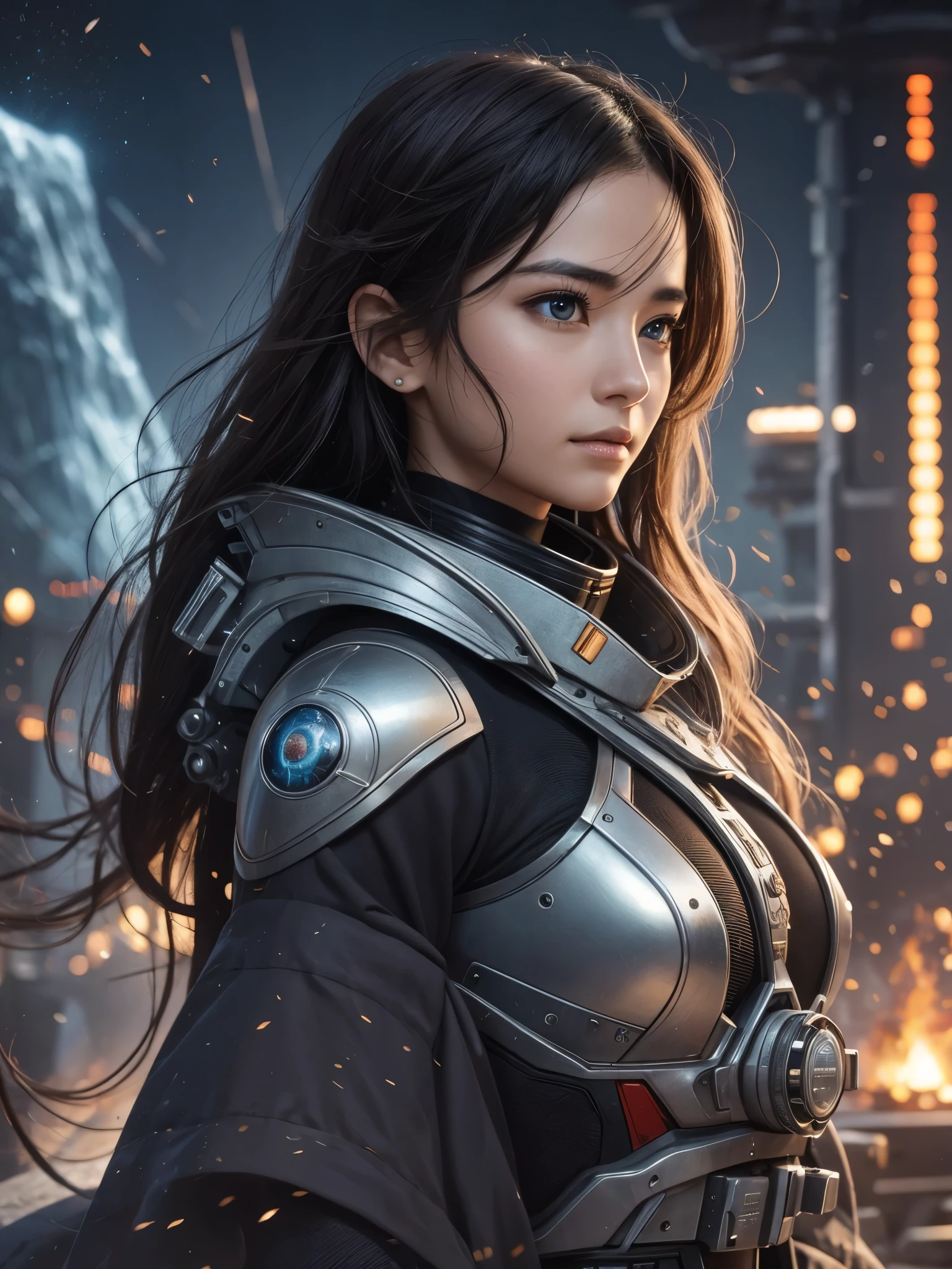 ((Highest quality)),(Ultra-high resolution),(Super detailed),(Detailed Description),((The best CG)),(masterpiece),Highly detailed art,(Art with precise detail:1.5), ((Science fiction movies:1.5)), (A meticulously crafted sci-fi setting:1.6), Lead-colored, gold, The heart will regain its brilliance, steel, Storm Light the fire