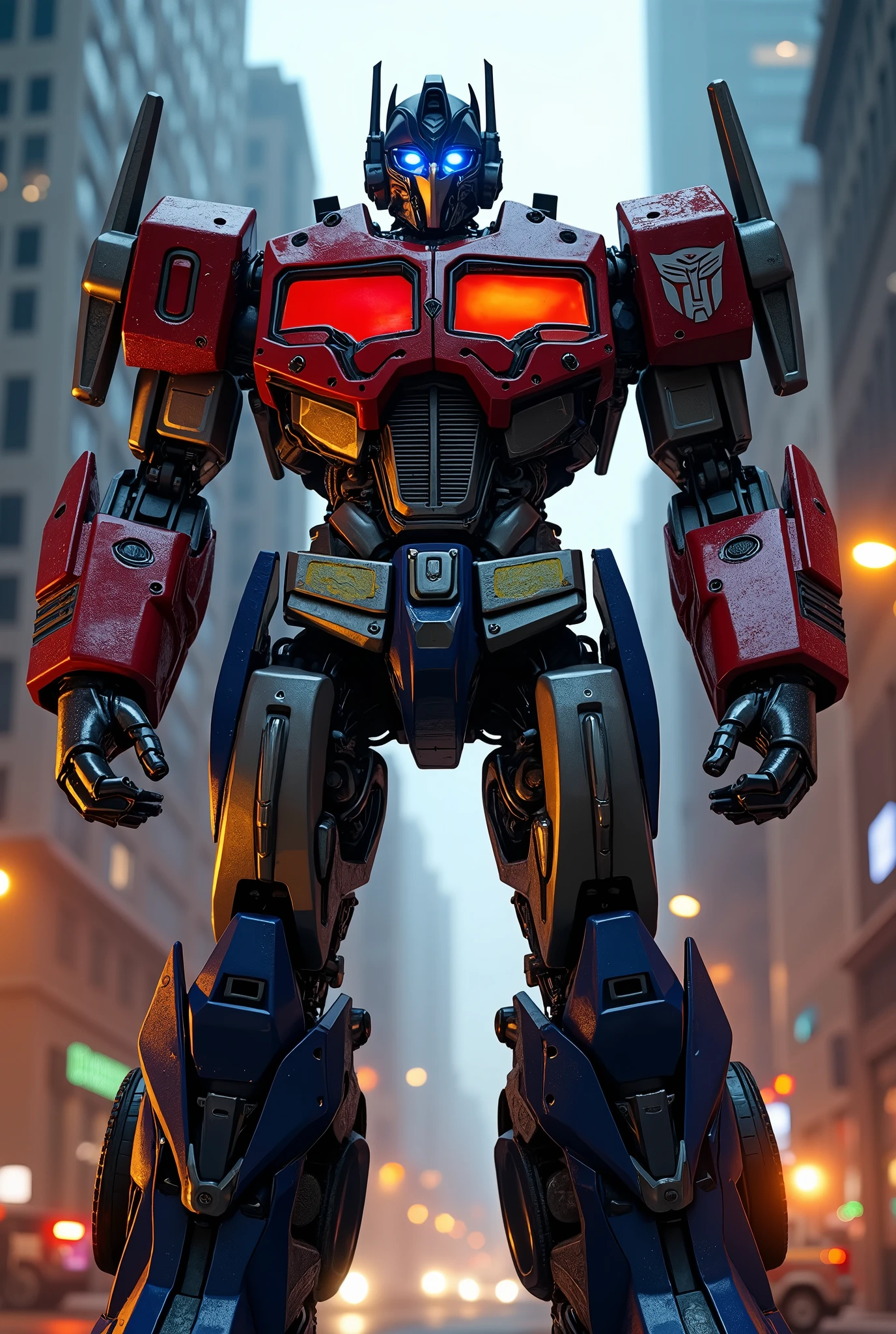 1 male robot,Optimus Prime,transformers,highly detailed,cinematic lighting,(best quality,4k,8k,highres,masterpiece:1.2),ultra-detailed,(realistic,photorealistic,photo-realistic:1.37),dramatic pose,intense expression,Bayverse style,2007 movie,metallic textures,glowing eyes,intricate mechanical details,dynamic camera angle