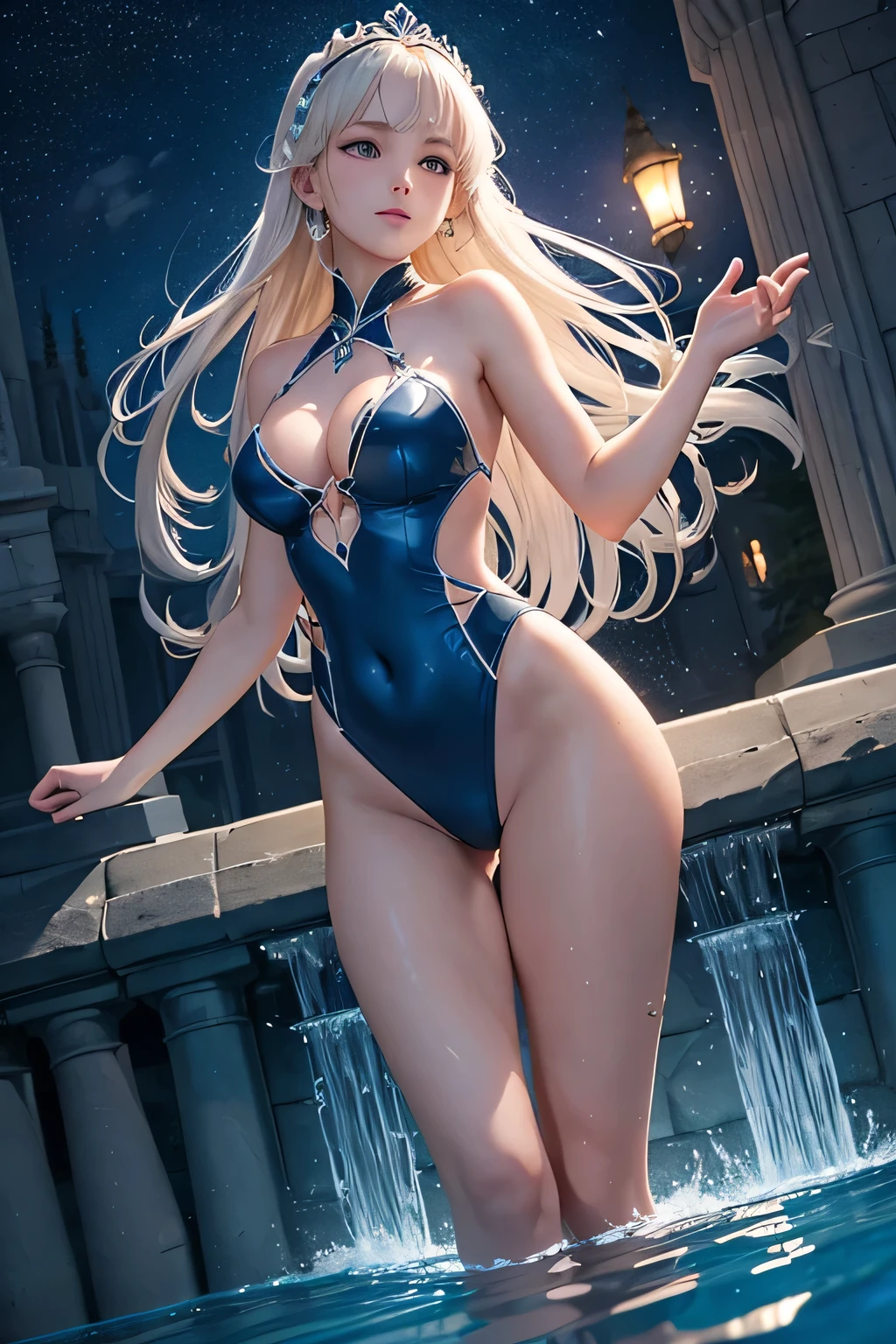 "Under the moonlit sky in Albion’s royal palace, Eleanor of Albion swims elegantly in a grand, gothic-inspired pool. The stone arches and towering spires of the palace are silhouetted against the night, while the water is illuminated by soft, ethereal lights beneath the surface, creating a magical atmosphere. Eleanor wears a deep blue, one-piece swimsuit with silver accents, mirroring the night sky above. Her long blonde hair flows behind her as she glides through the water, her movements as graceful as they are regal. The gentle glow of lanterns and the reflection of the stars on the water add a mystical charm to the scene, highlighting the enchanting beauty of Albion’s princess."