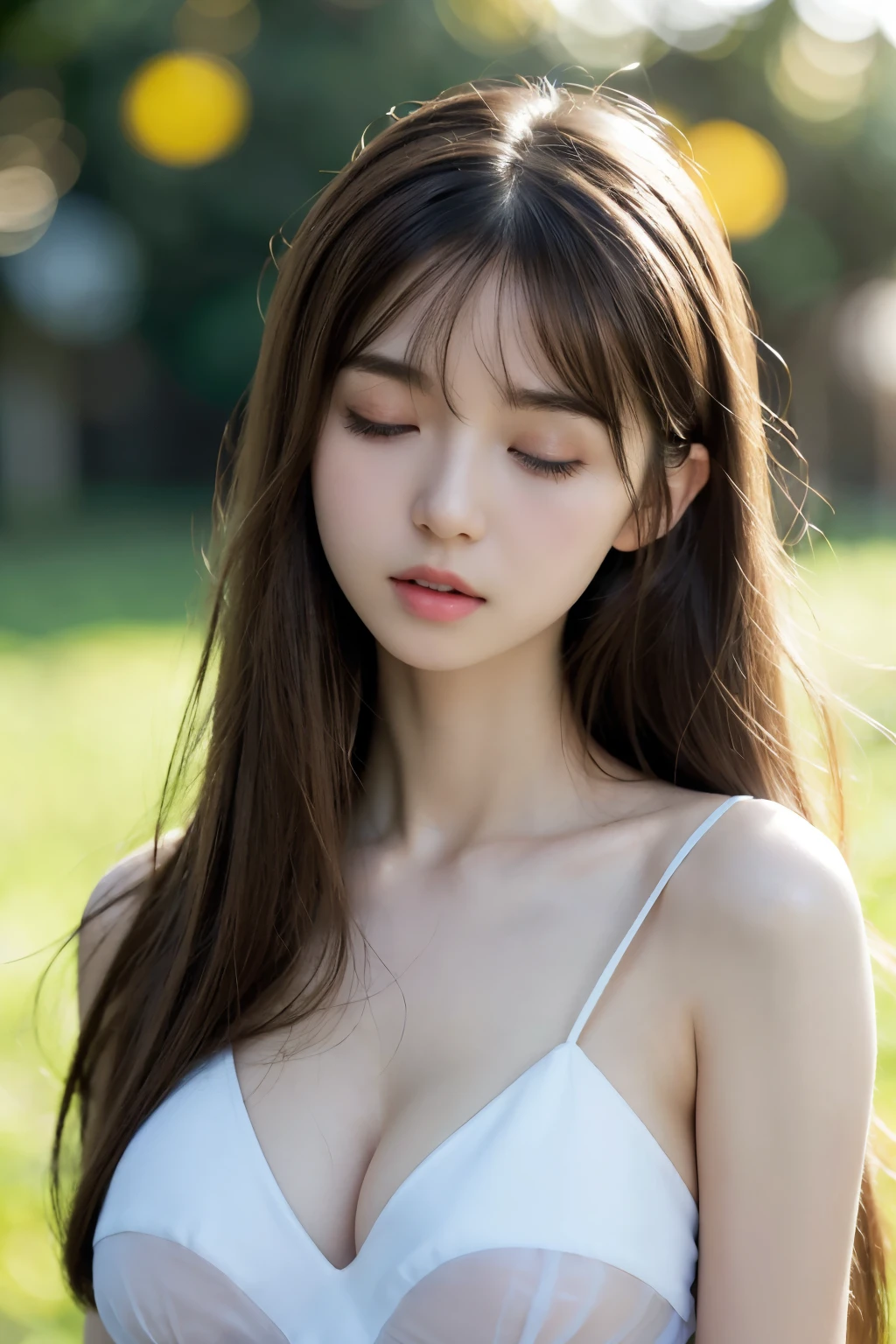 masterpiece, ultra high res, (photorealistic:1.4), 8k, RAW photo, best quality, detailed shadow, best quality, amazing, finely detail, official art, absurdres, soft lighting, sharp focus, (bokeh:1.4), light from the front, bloom, cinematic lighting, light on face, (sleep on one's back:1.4), 1girl, (huge breast:1), (cleavage:1.2), (light brown hair:1.4), (bangs:1), floating hair, very cute, (perfect face:1.4), super detailed beautiful skin, (narrow weist:1.8), (abs:0.7), (age:1), (:1.5), (collarbones:1), (extremely delicate and beautiful girls:1), (wide forehead:1), (skinny:1.2), nude, (perfect face:1.4), (Japanese face:1.2), drooping eyes, eye bags, (wide forehead:1), (fair skin:1.5), (transparent skin:1.5),(Japanese idle:1.3), (kawaii:1.3), black eyes, (catchlight:1.2)