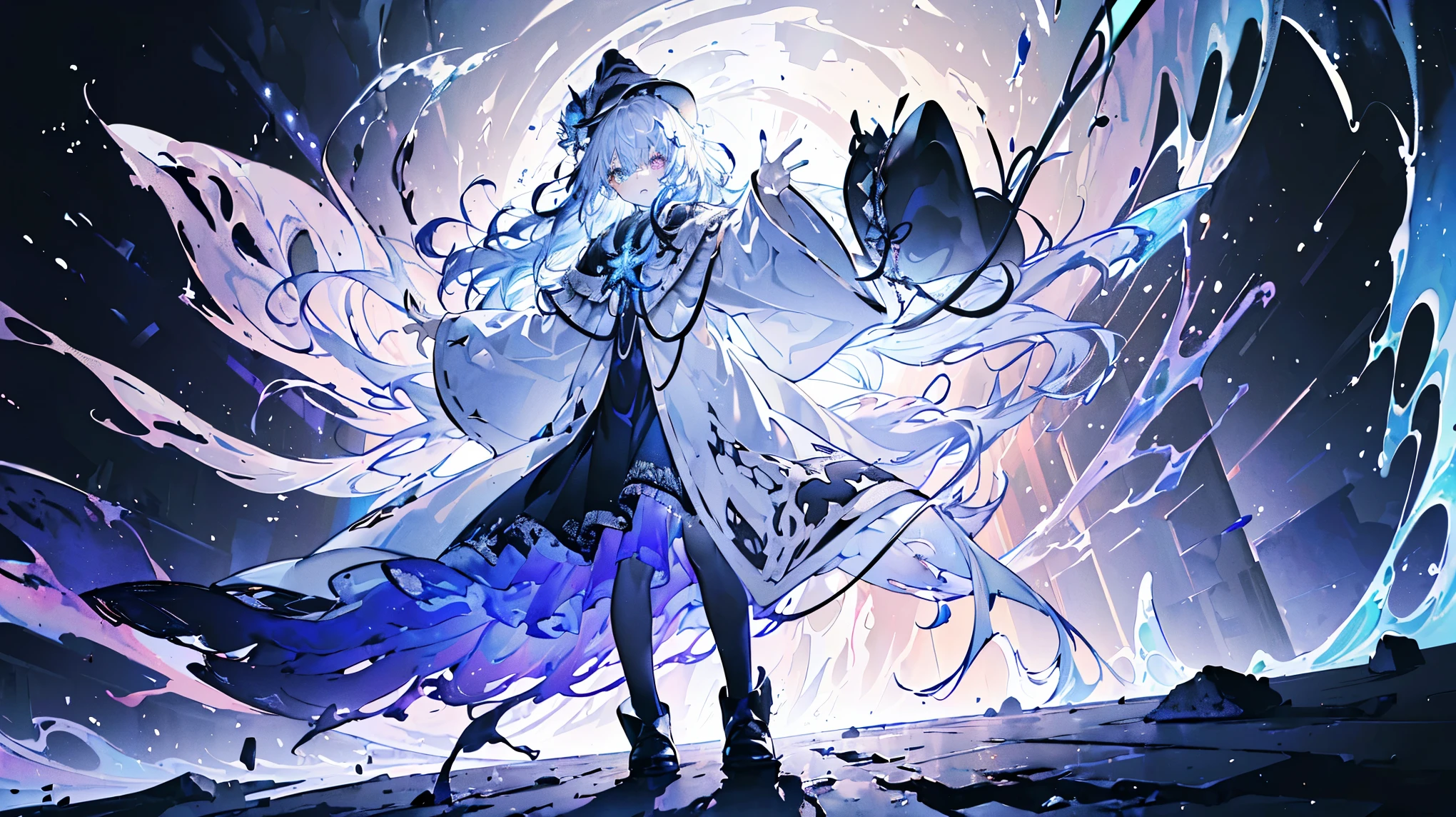 (Very detailed)),((illustration)),((masterpiece)),(((need))),((beautiful、Highest quality CG Unity 8K wallpapers,masterpiece),((4K,masterpiece,best quality)),a being with long, wavy, colored hair,Black and white heterochromic pupils,Great wizard hat,dressed in a robe that accentuates his figure,wearing many strange hair ornaments,colorful fluid matter flowing from the sky,the colorful fluid matter is boiling,with a beaker in his right hand,his left hand outstretched and burning,An alchemist,in a dark cellar,individual,Full body picture