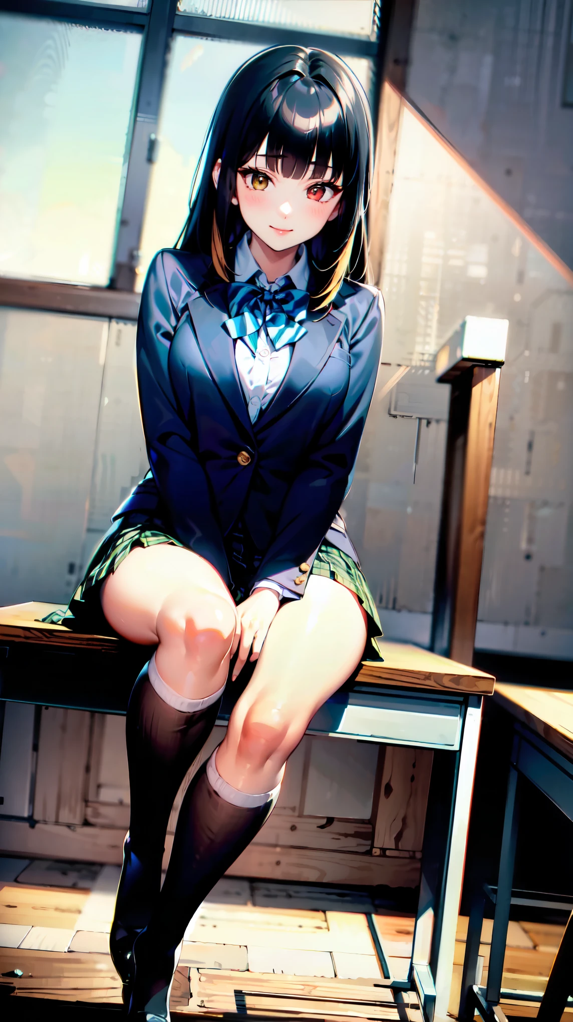 （（super high quality,Ultra-high resolution,4K,8k,super masterpiece,Ultra HD ,Detailed shading））,Full body photo,Morning Classroom,One high school girl,Blue-green blazer,White dress shirt unbuttoned to the second button,A bright yellow striped bow tie,Brown plaid mini skirt,Black tights,Long black straight hair,Sweep the bangs heavily to the left,Orange and green heterochromia,Sharp eyes with raised,smile,blush,Sit on a desk,