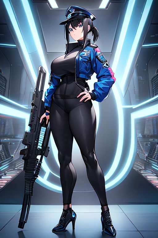 1girl, black hair, short hair, ponytail, long ponytail, blue eyes, large breasts, toned, hourglass figure, serious, blue jacket, bodysuit, black bodysuit, policewoman, police hat, police, neon, neon trim, futuristic, science-fiction, machinery, tech, full_body, ((full body)), standing, high heels