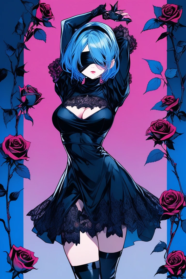 Illustrator, anime , Realistic ,sketch , 1 person, model, lip, A translucent gothic black mini dress with lots of lace, blindfold, eye covered, black blindfold, order, Blue gradient background, Neon Color Hair, Big Breasts,Upper Body, Sexy look, Sexy pose, Holding a single blue rose, Texture Trim, Russia, (masterpiece,Highest quality)