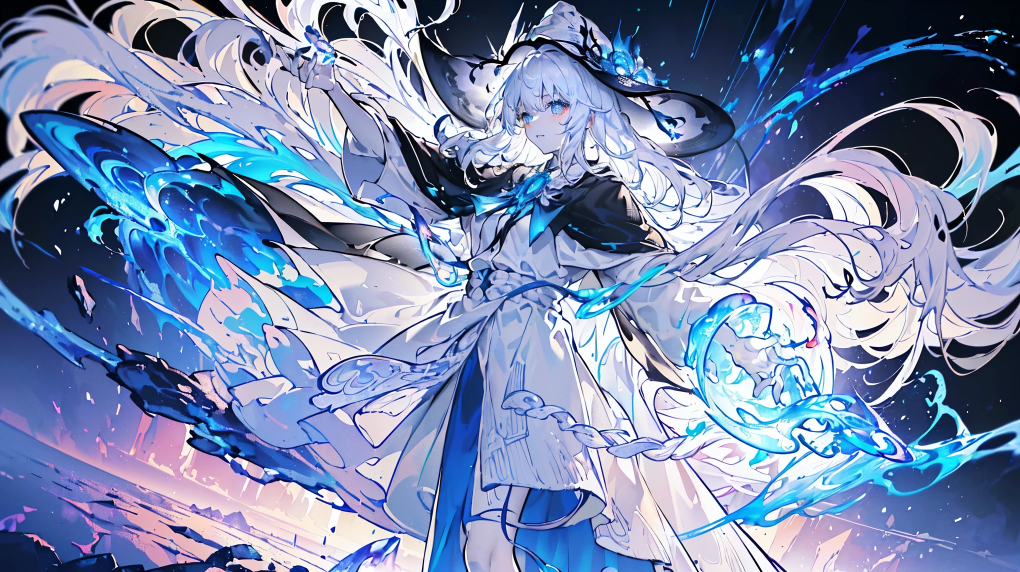 (Very detailed)),((illustration))，((masterpiece)),(((need))),((beautiful、Highest quality CG Unity 8K wallpapers，masterpiece），（（4K，masterpiece，best quality）），a being with long, wavy, colored hair，Black and white heterochromic pupils，Great wizard hat，dressed in a robe that accentuates his figure，wearing many strange hair ornaments，A fluid rainbow flows down from the sky，The fluid rainbow is boiling，with a beaker in his right hand，My left hand is open and burning with blue flames，An alchemist，The shoes don&#39;t fit me，Unformed objects at my feet，in a dark cellar，individual，Full body picture
