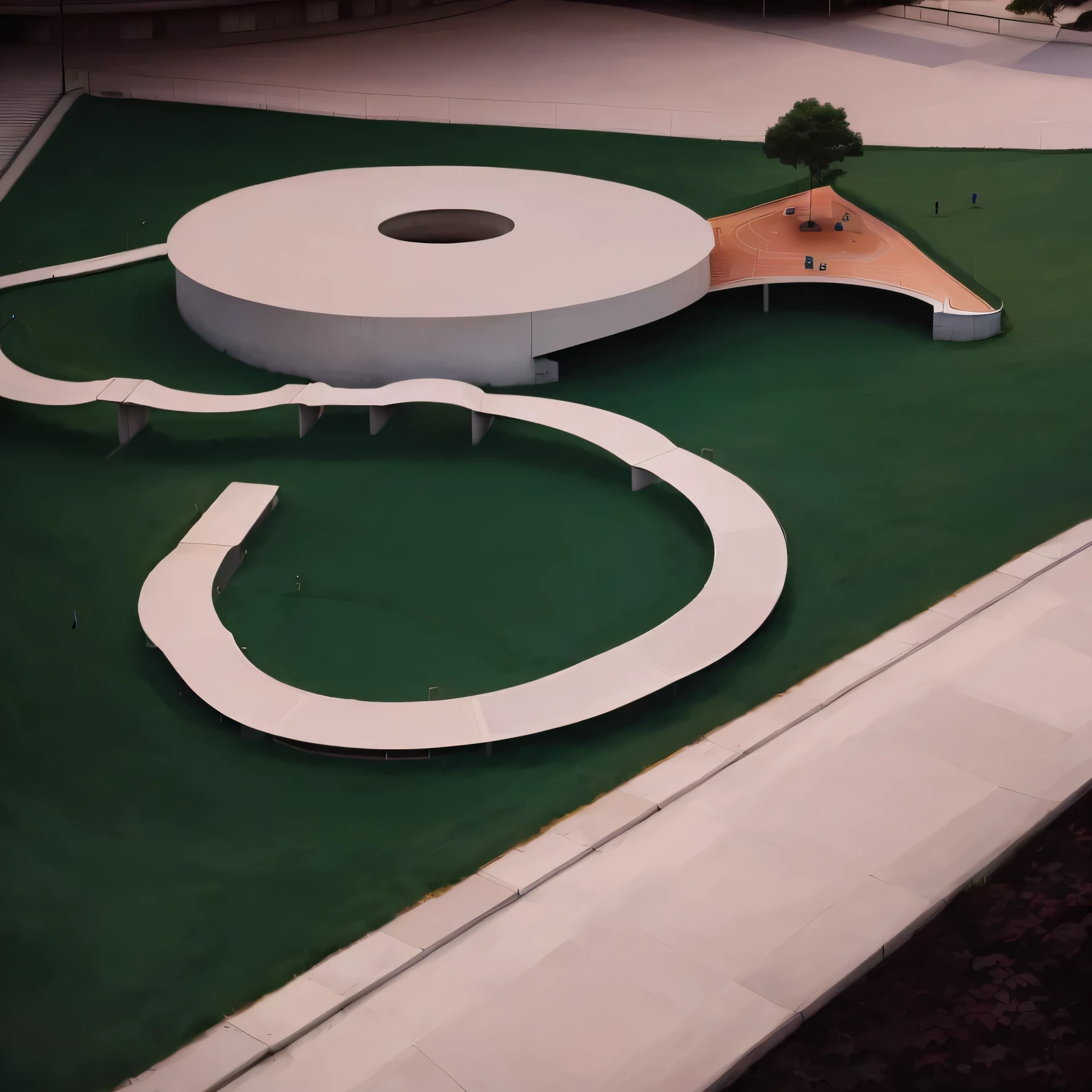 Park with circular building with ramp and triangular terrace with grandstand