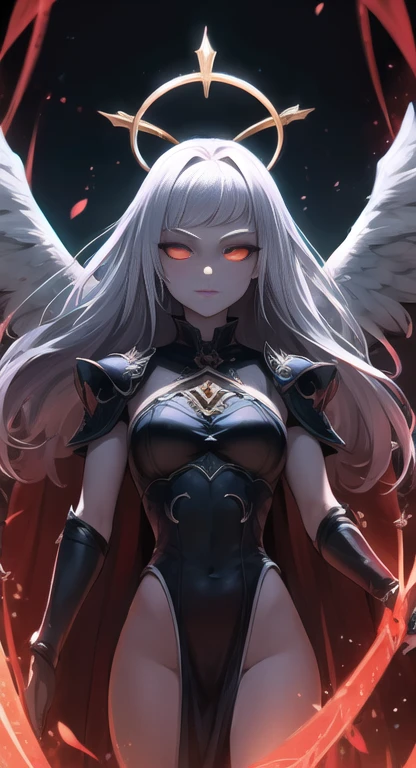Dark skin, black halo, impure queen, rare, cursed maiden, Angelic armor, beautiful young woman, powerful aura, long silver hair, red glowing eyes, grey skin, black wings, palace ruins,