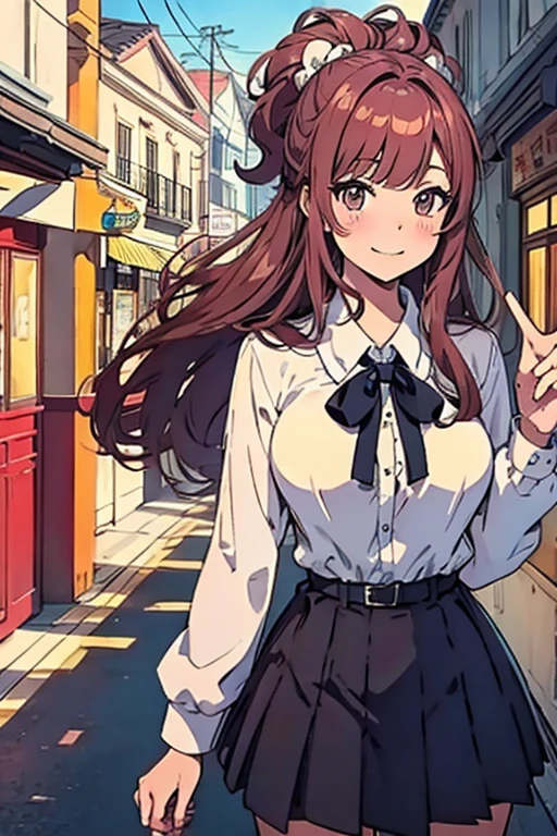 One person, Chestnut Hair, Pompadour Bangs, Half Up,Large Breasts, smile, Droopy eyes, perspective, High School Uniform,Anime Style, Nice body,Knee-length skirt,Healthy sex appeal,
