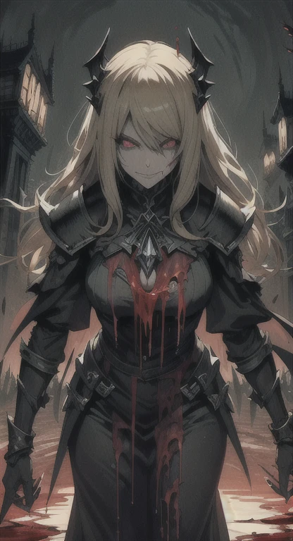 a expressive woman with eyes and long hair, Warhammer universe, anime design, wearing military lord captain garment, with grim dark elements, in a detailed darkened infrastructure backdrop, surrounded by civilians, evil chains