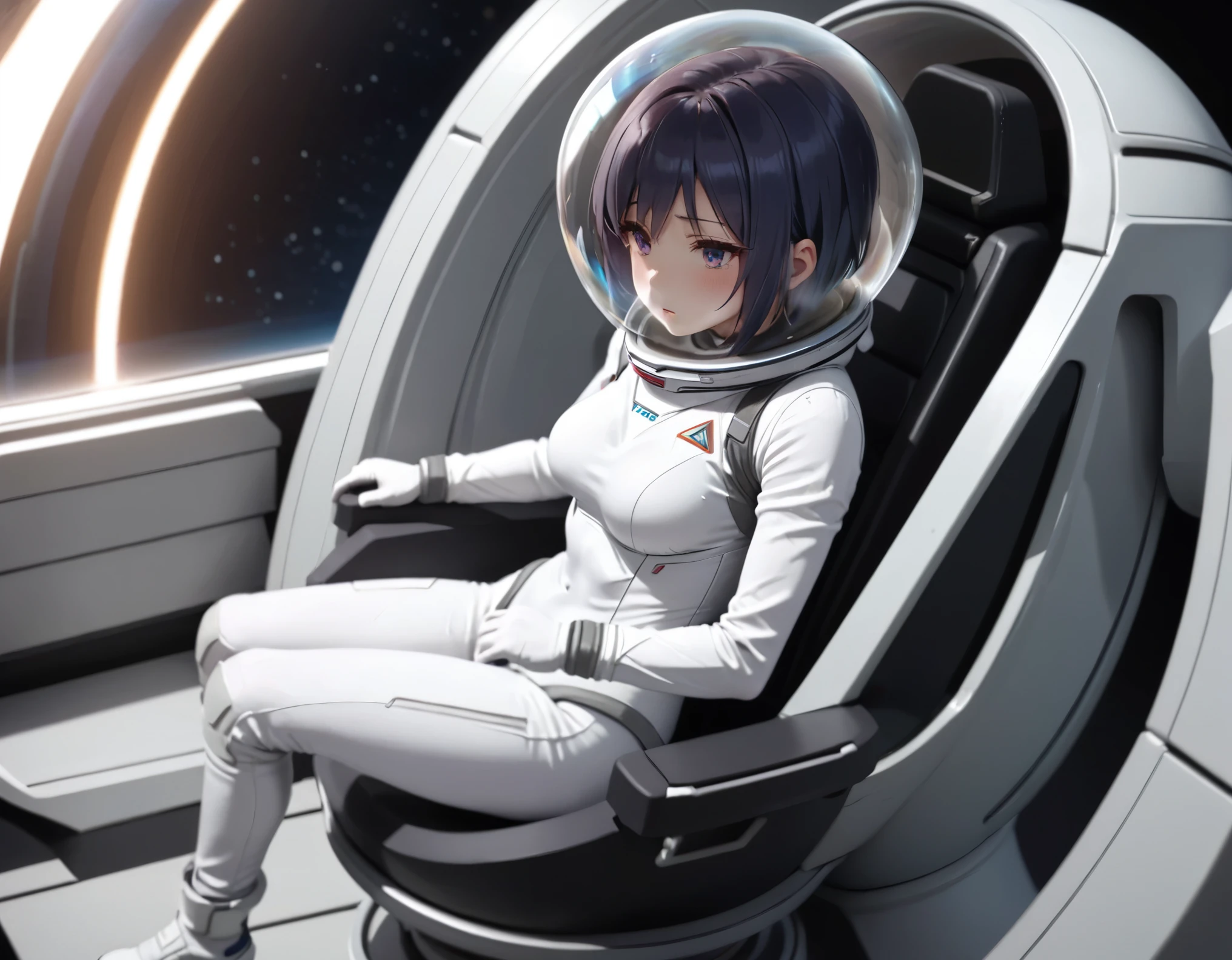 (spacesuit:1.15), white cargo pants,  space helmet , , indoors, masterpiece, best quality, 1girl, solo, short hair, , , trembling, HARD TO BREATH,, , bodysuit, from side, lumine , bubble helmet, short hair,  nside the (cockpit) of a (futuristic spaceship:1.6), , blush,sitting on a chair, covered navel, short hair, bubble helmet,, from , from above