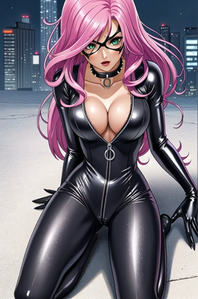 (sideways:1.1), (very wide shot:1.2) Grac3_Dugan_STv4 as (CARTOON_moka_blackcat_ownwaifu, www.ownwaifu.com, long hair, pink hair, lipstick, green eyes, makeup, lips, collarbone, red lips, claws, very long hair, mask, bodysuit, gloves, choker, white gloves, collar, superhero, black bodysuit, fur trim, cleavage, skin tight, zipper, spiked collar, unzipped, jewelry, black choker, latex, shiny, center opening,:1.6), (mask:1.5), vibrant rimlight, dark theme, low light, outdoors, roof top, overlooking New York City, pale skin, blush, [[FaceDetail]], {|from side and behind},all fours,looking at viewer, flushed face, [[analog photo]], messy hair, looking at the viewer, [[shallow depth of field]], vignette, highly detailed, [bokeh:0.2], sharp focus on subject, cinemascope, moody, epic, gorgeous, film grain, atmospheric perspective, diffusion, pore correlation, shot on Canon EOS 5D, PA7_Portrait-MCU, (epiCPhoto), 