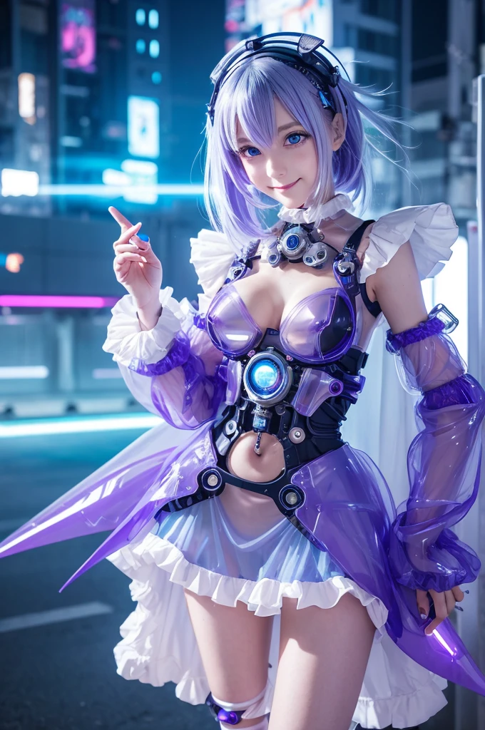 A futuristic anime-style girl with lavender hair and blue eyes. She is dressed in a ruffled, transparent dress with mechanical parts and glowing lights integrated into the outfit. The character strikes a cute pose with a smile. The overall style is cyberpunk and sci-fi.
