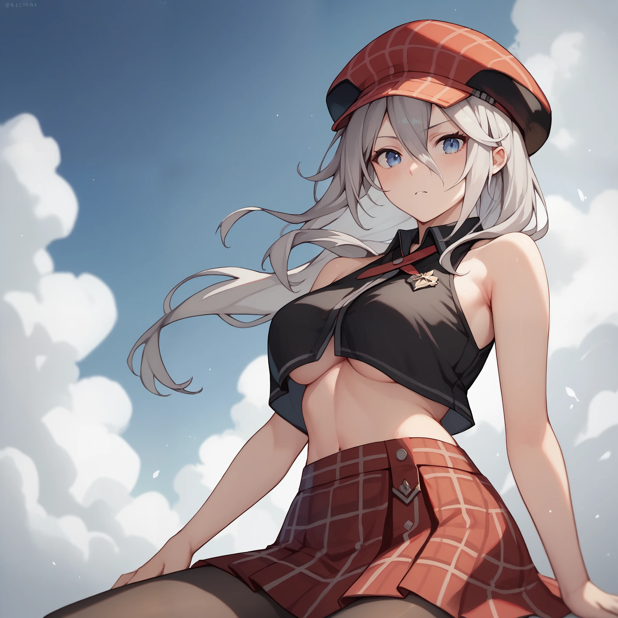 score_9, score_8_up, score_7_up,
1girl, alisa ilinichina amiella, solo, grey hair, long hair, blue eyes, hair between eyes, pantyhose, underboob, bare shoulders, black crop top, red headwear, red plaid skirt,