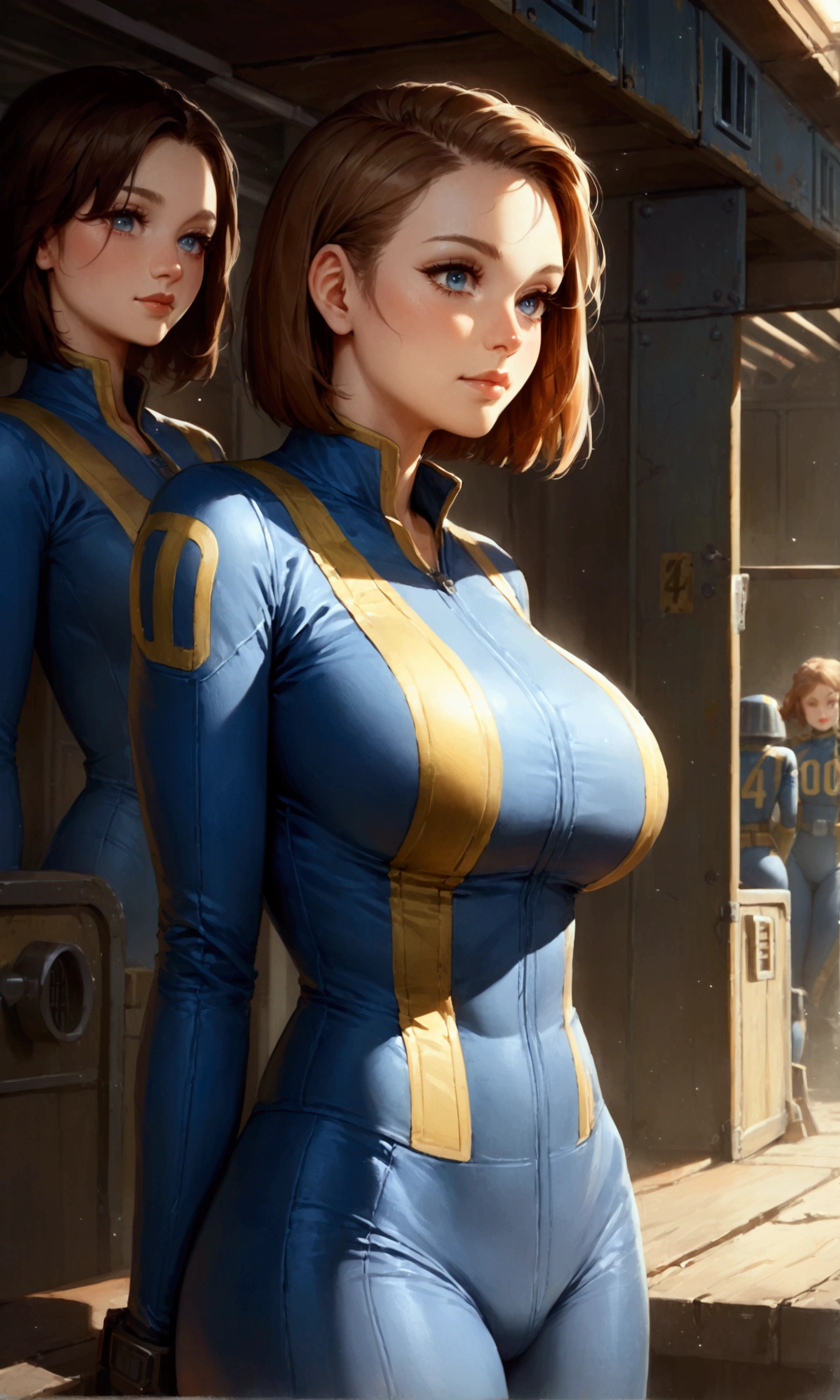 detailed illustration, (front view), (side view),dynamic angle, ultra-detailed, illustration, clean line art, shading, anime, detailed eyes, detailed face, beautiful face, dramatic lighting, detailed illustration, dynamic angle, ultra-detailed, illustration, (multiple woman: 1.8), masterpiece, masterwork, beautiful,

score_9, score_8_up, , female, score_9, score_8_up, score_7_up, score_6_up, score_5_up, score_4_up, BREAK, multiple women, big breasts, breasts, score_9, score_8_up, score_7_up, vault_girl, cute face, pip boy, bangs, body suit, happy, vault tec, tight fitting suit, deep cleavage, (in a fallout shelter: 1.8), fallout vault, vault, fallout shelter, cowboy shot, multiple women in shot, women friendly with each other, women flirting, inside, windowless room, 6+ women.