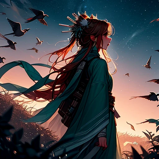 Grass, Sky, Field, League of Legends, 1girl, elf, druid, animal ears, bandage legs, long legs, bandage, bandage, bird legs, bird skull, cape, shut up, ears by headdress, eyes visible through hair, face drawings, feathers, hood, hooded cape, long hair, brown green eyes, Ginger, red hair, colorite hair, armor, blue scarf, scarf, scarf, scarf long hair, hooded scarf, green clothes, green skirt,  long skirt, leather armor, nose ring, nostrils, backpack