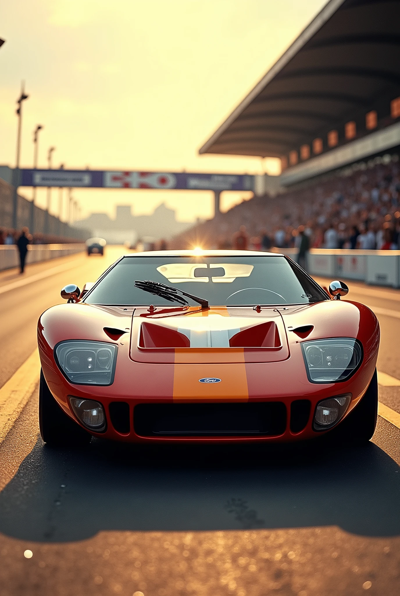 A majestic Ford GT40 sits proudly on a vintage racing grid, bathed in warm sunlight that highlights its sleek, curvaceous lines. Delicate brushstrokes bring to life the intricate details of the iconic sports car: chrome trim gleams, rivets sparkle, and the distinctive nose spoiler takes center stage. The surrounding tarmac glistens with subtle moisture, as if kissed by a gentle morning dew.