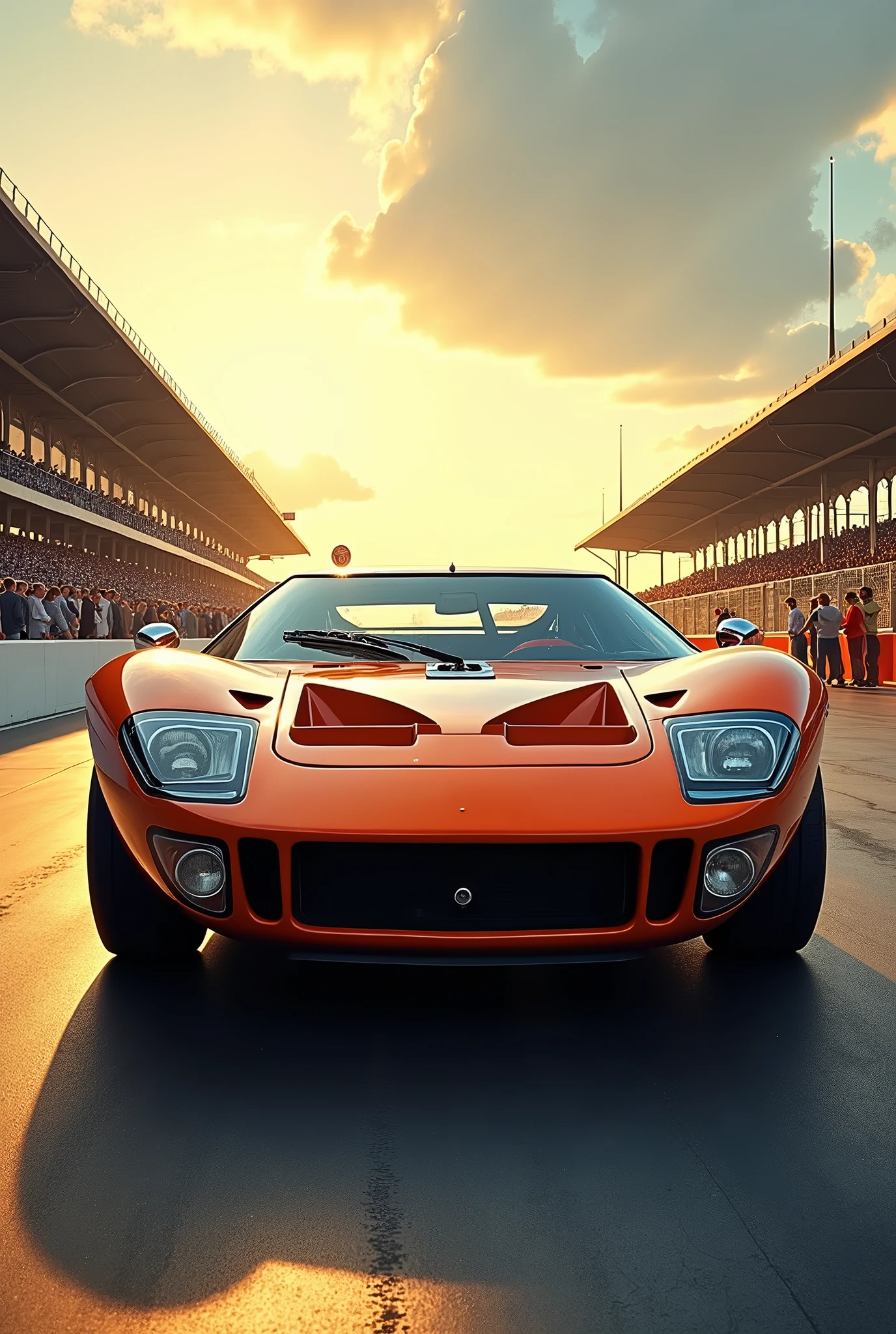 A majestic Ford GT40 sits proudly on a vintage racing grid, bathed in warm sunlight that highlights its sleek, curvaceous lines. Delicate brushstrokes bring to life the intricate details of the iconic sports car: chrome trim gleams, rivets sparkle, and the distinctive nose spoiler takes center stage. The surrounding tarmac glistens with subtle moisture, as if kissed by a gentle morning dew.