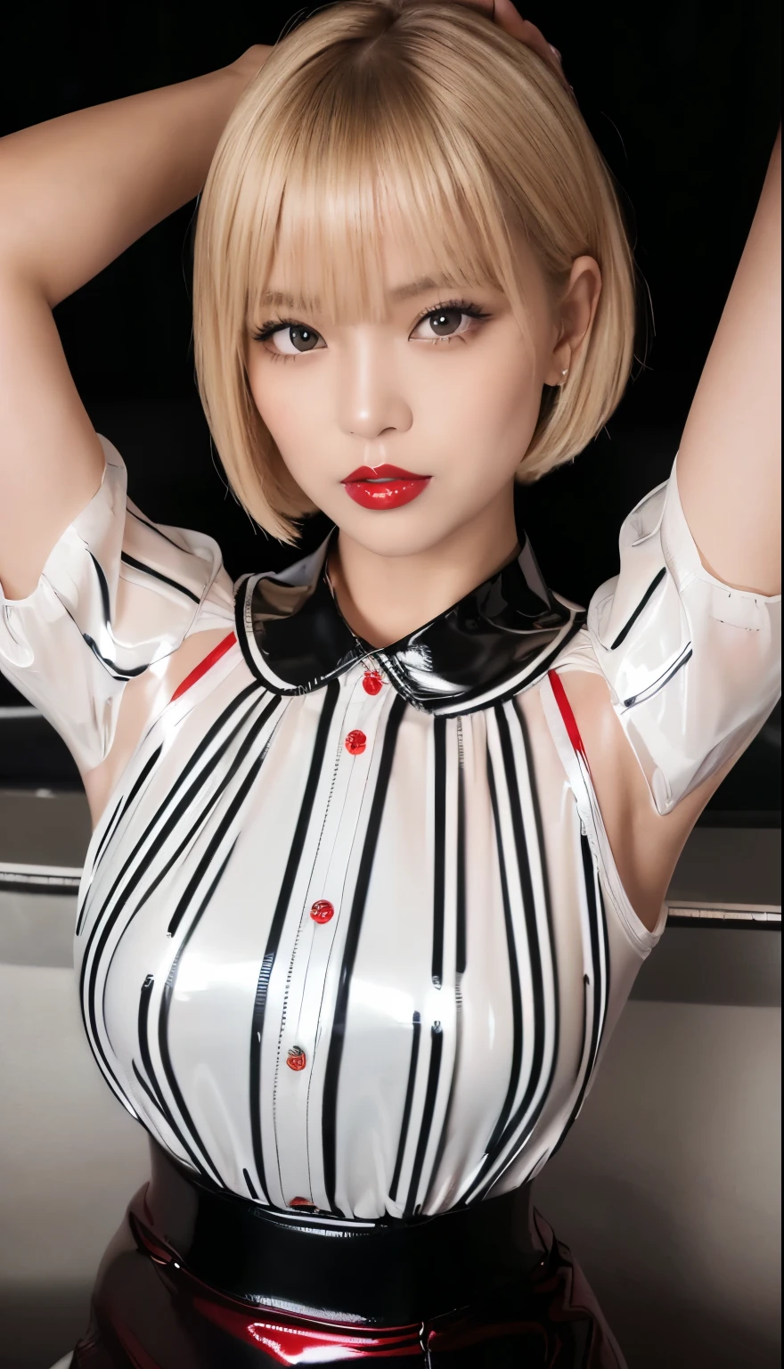 Filipino Idol Mature Woman about ((Bright red glossy lipstick)) Short blonde hair with bangs and wavy ((Blonde Short Hair)) ((Looking into the camera)) ((Super shiny patent leather white and black striped blouse and black patent leather tight skirt)) Highway at night Night view of Seoul Duck mouth Sweaty, shiny skin Face close-up Watery eye ((Beautiful armpits)) Smoky makeup with black mascara Sweaty skin